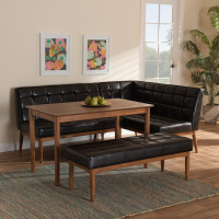 Baxton Studio BBT8051.11-Dark BrownWalnut-4PC Dining Nook Set Baxton Studio Sanford Mid-Century Modern Dark Brown Faux Leather Upholstered and Walnut Brown Finished Wood 4-Piece Dining Nook Set